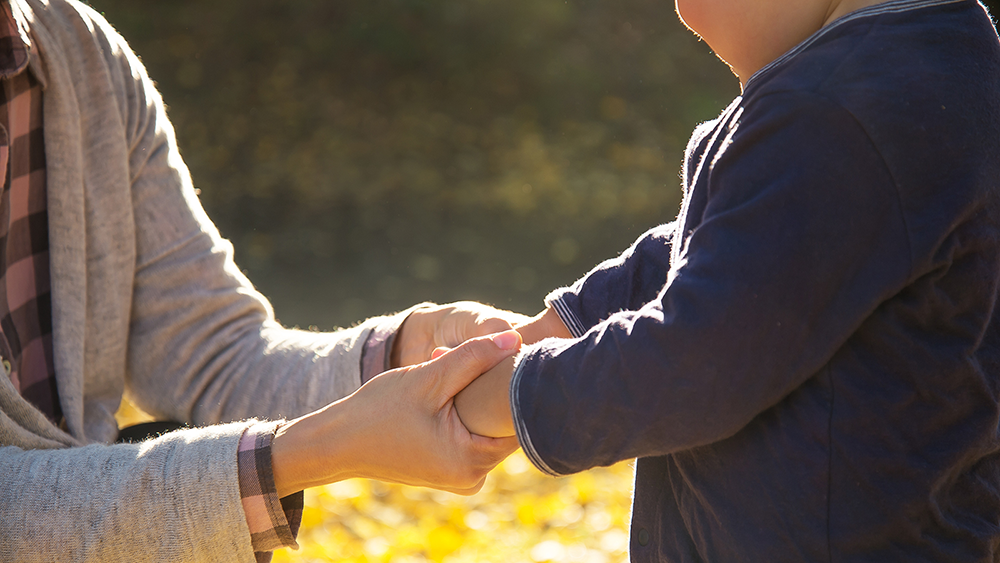 幼児の手を握る女性